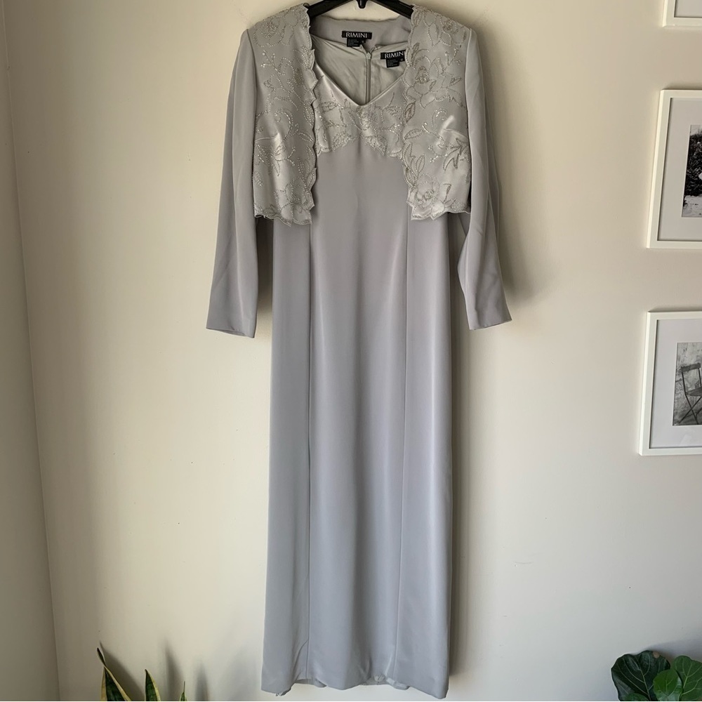 RIMINI Vintage Silver Evening Long Dress Beading embellished Matching Jacket 12